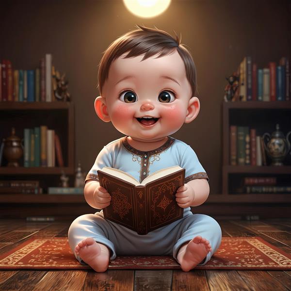 تصویر کودک کارتونی در کتابخانه خانگی با لباس سنتی مذهبی و کتاب در دست، باکیفیت بالا