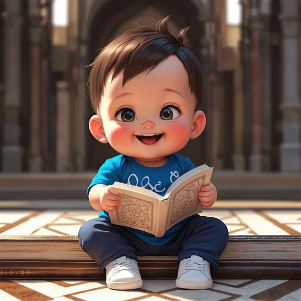 پسر کوچک کارتونی با تیشرت آبی در حال خواندن کتاب در فضای معماری، مناسب برای تابلو