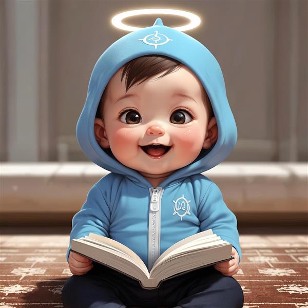 بچه کارتونی با سویشرت آبی کلاهدار و هالۀ نور در حال مطالعه، کیفیت عالی برای طرح‌های گرافیکی