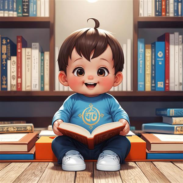 کودک کارتونی با لباس آبی و کتاب در کتابخانه، اورجینال برای چاپ دکوراتیو با تم آموزشی