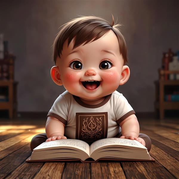 تصویر باکیفیت بچه کارتونی خندان در حال مطالعه در خانه، مناسب برای پوستر و تابلو آموزشی