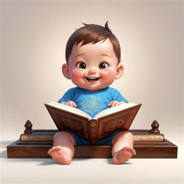تصویر اورجینال کودک کارتونی شاد با لباس آبی و کتاب روی رحل، مناسب برای چاپ عریض و محصولات مذهبی