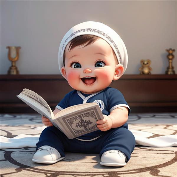 پسر بچه کارتونی با لباس آبی تیره و کلاه سفید در حال خواندن کتاب، پرایمپریشن بالا برای دکور