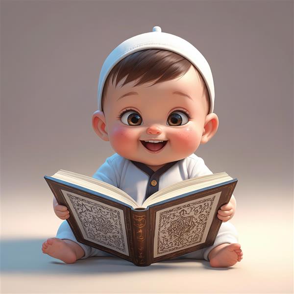 تصویر کودک کارتونی با کلاه سفید و لباس ساده در حال مطالعه قرآن یا کتاب مذهبی، کیفیت بالا