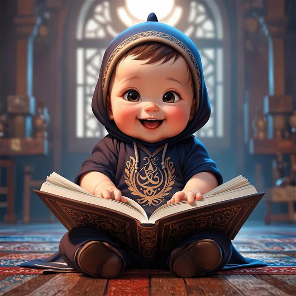 بچه کارتونی با کلاه و لباس مذهبی در حال خواندن کتاب نفیس، اورجینال برای تابلو اسلامی