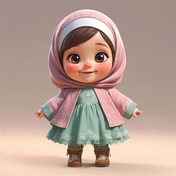 دختر کارتونی باحجاب با کت صورتی و پیراهن سبز آبی، اورجینال برای تولید محصول دکوراتیو