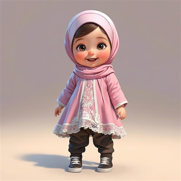 تصویر باکیفیت دختر بچه محجبه کارتونی با لباس صورتی گلدوزی شده و شلوار تیره، مناسب برای چاپ