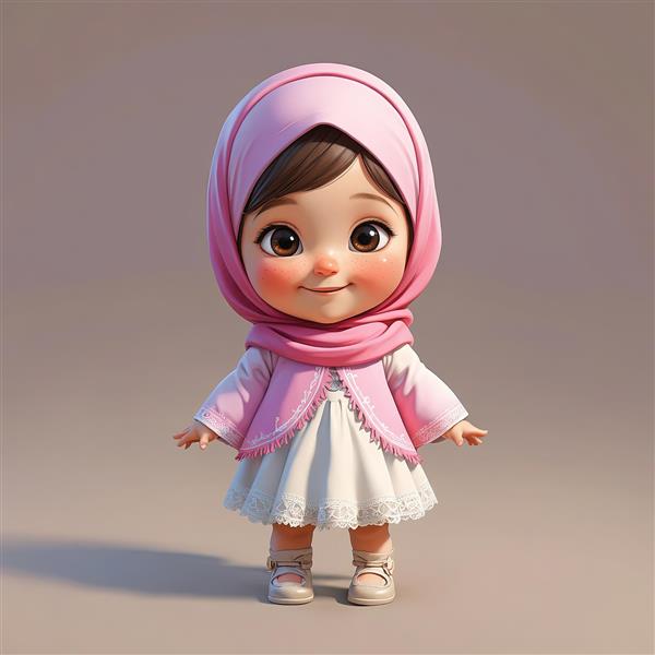 دختر کارتونی محجبه با ژاکت صورتی کوتاه و دامن سفید، تصویر اورجینال و پرایمپریشن
