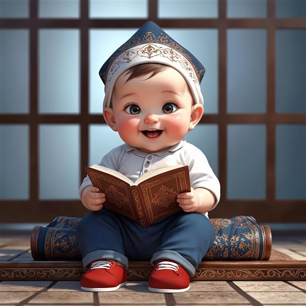 بچه کارتونی در حال کتاب خواندن با کلاه سنتی و لباس ورزشی، باکیفیت برای پوستر و تابلو