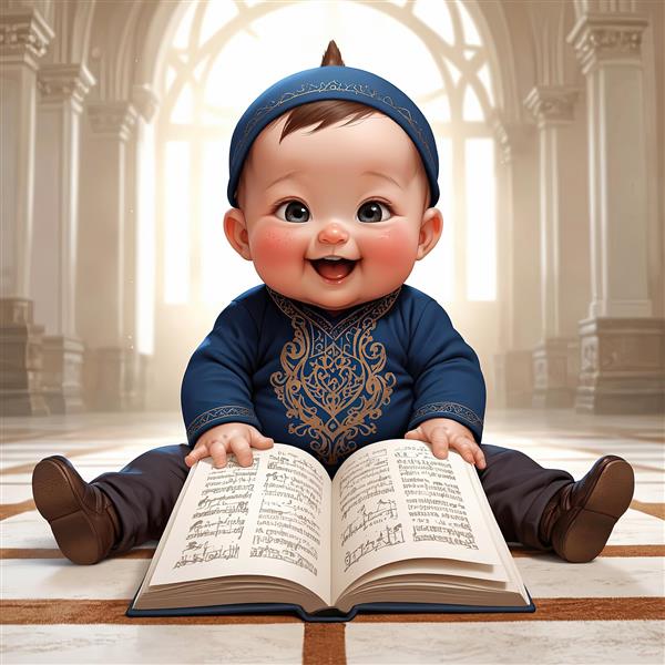 تصویر کودک کارتونی با لباس و کلاه سنتی در فضای معماری اسلامی و کتاب باز، کیفیت عالی
