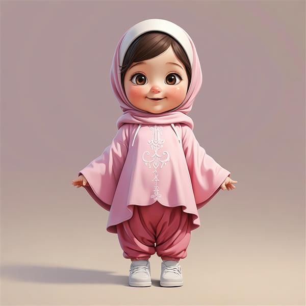 تصویر پرایمپریشن بچه محجبه کارتونی با پوشش رها و شلوار دامنی، باکیفیت برای چاپ عریض