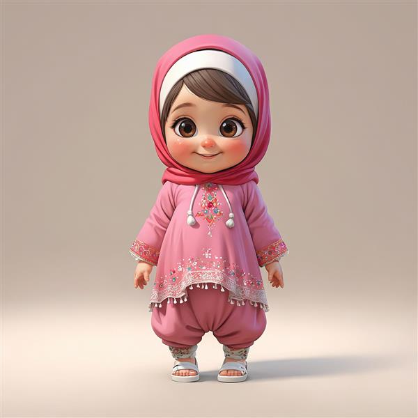 دختر کوچک باحجاب کارتونی با لباس سنتی و گلدوزی صورتی، اورجینال برای طرح‌های مذهبی کودک