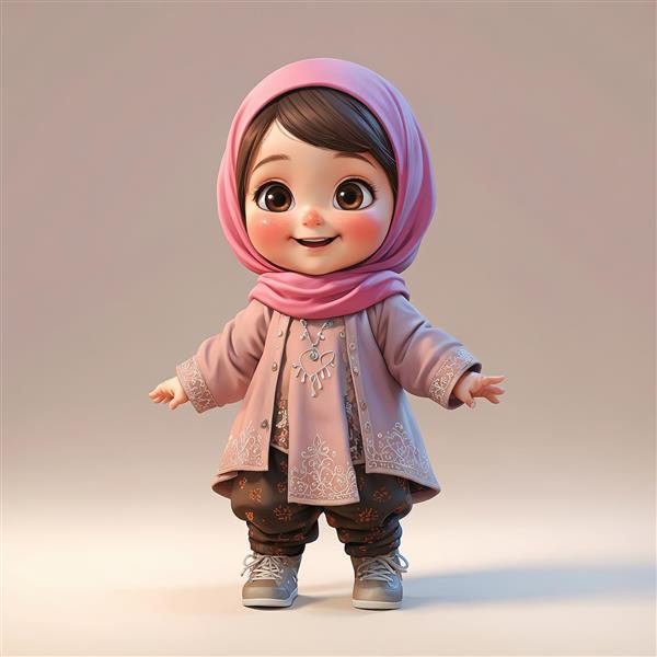تصویر باکیفیت بچه محجبه کارتونی با مانتو کالباسی و شلوار قهوه‌ای، مناسب برای چاپ تابلو