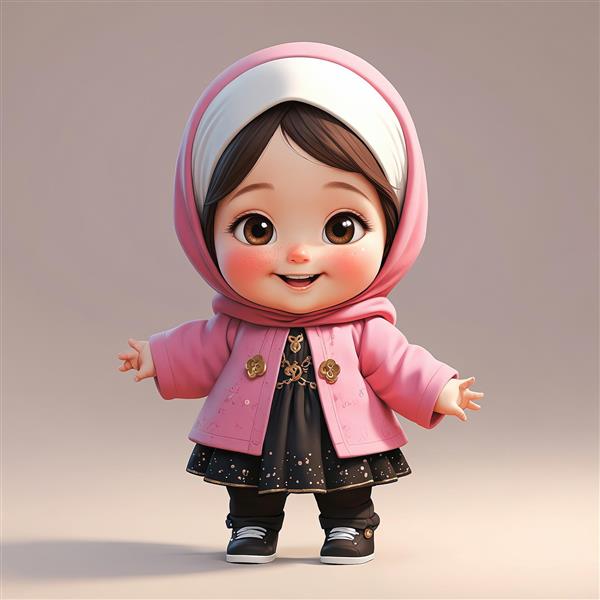 دختر کارتونی محجبه با کت صورتی و لباس مشکی خالدار، تصویر اورجینال برای پوستر اتاق کودک