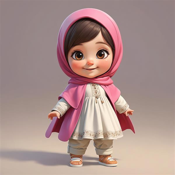 دختر کارتونی محجبه با لباس سفید و شنل صورتی در فضای استودیویی، باکیفیت برای پوستر