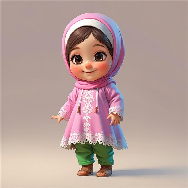 تصویر اورجینال دختر محجبه کارتونی با مانتو صورتی و شلوار سبز، مناسب برای چاپ عریض