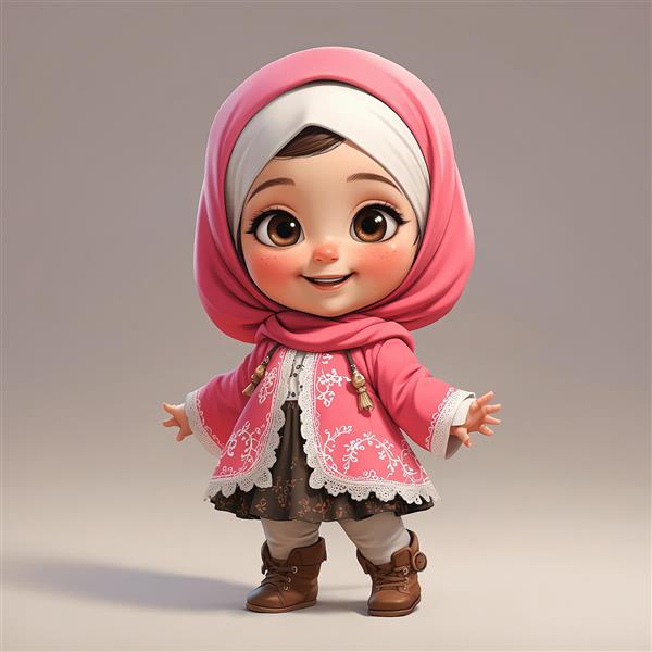 دختر کارتونی باحجاب با لباس صورتی گل‌دوزی شده و چکمه‌های قهوه‌ای، تصویر دکوراتیو کودک