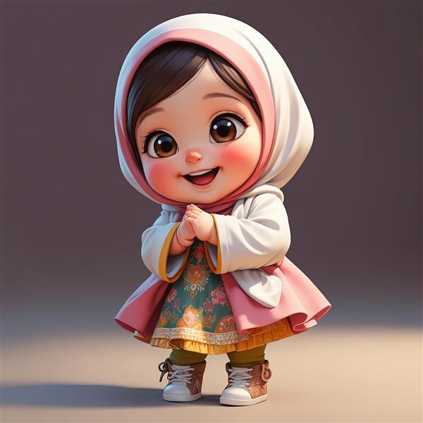 بچه محجبه کارتونی شاد در حال خندیدن با لباس صورتی و سبز، اورجینال برای طرح‌های گرافیکی کودک