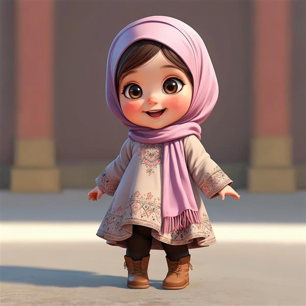 تصویر باکیفیت دختر محجبه کارتونی در فضای بیرونی با معماری، مناسب برای چاپ پوستر
