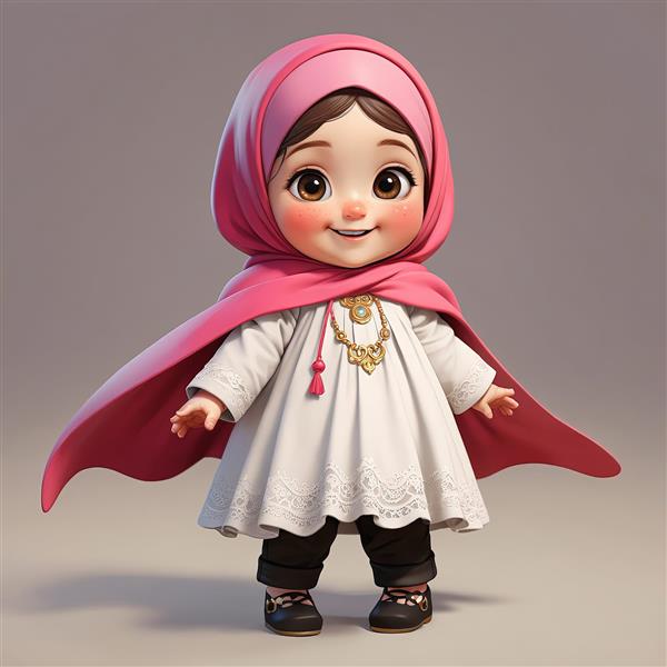 دختر کارتونی باحجاب با چادر صورتی و لباس سفید بلند، تصویر پرایمپریشن برای تابلو مذهبی