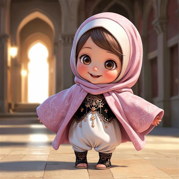 تصویر اورجینال بچه محجبه کارتونی در معماری اسلامی و با لباس سنتی، مناسب برای چاپ عریض