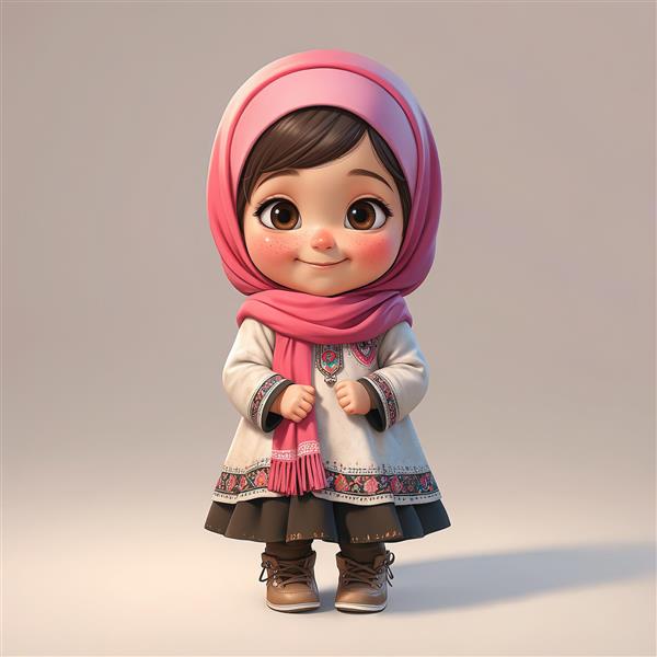 دختر کوچک باحجاب کارتونی با شال گردن صورتی و لباس طرح‌دار، باکیفیت برای محصولات دکوراتیو