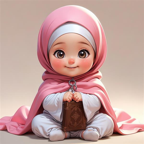 تصویر بچه محجبه کارتونی نشسته با قرآن یا کتاب مذهبی، اورجینال برای تابلو اسلامی و آموزشی