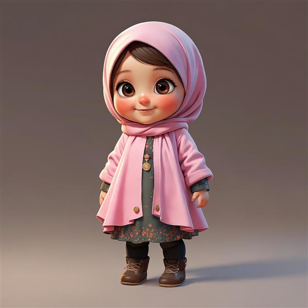 تصویر کارتونی دختر محجبه با لباس بافت و ژاکت صورتی، کیفیت بالا برای چاپ پوستر اتاق کودک