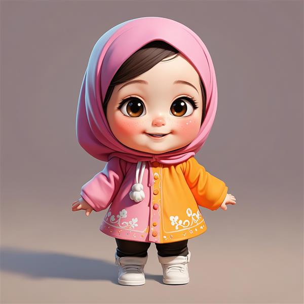 تصویر دختر کارتونی باحجاب با کاپشن نارنجی و صورتی، اورجینال برای تولید پوستر و تابلو کودک