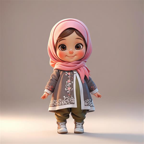 تصویر کارتونی دختر کوچک محجبه با لباس زمستانی و روسری صورتی، کیفیت بالا برای چاپ تابلو