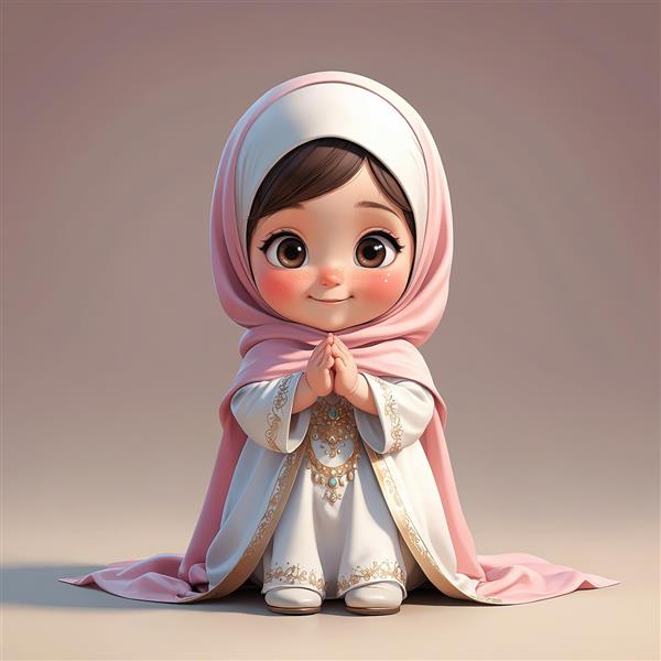 دختر بچه کارتونی محجبه در حال دعا، تصویر اورجینال باکیفیت برای پوستر دکوراتیو مذهبی و اسلامی