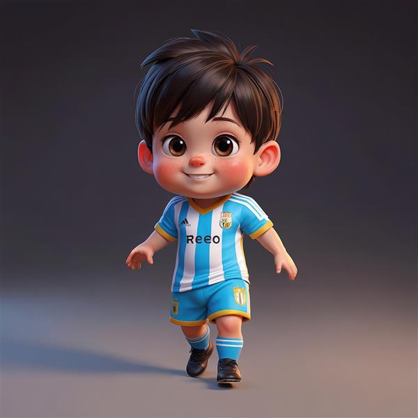 تصویر کارتونی بچه فوتبالیست خندان با کیت راه راه آبی و سفید، اورجینال و پرایمپریشن