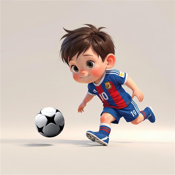کودک فوتبالیست کارتونی در حال دویدن و شوت زدن به توپ، تصویر دکوراتیو با کیفیت بالا