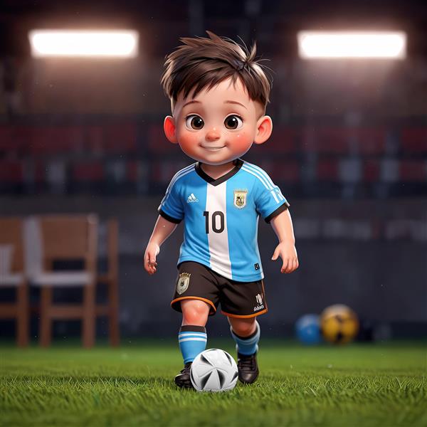 تصویر کارتونی پسر کوچک فوتبالیست در استادیوم با لباس تیم آرژانتین (شماره 10)، کیفیت عالی