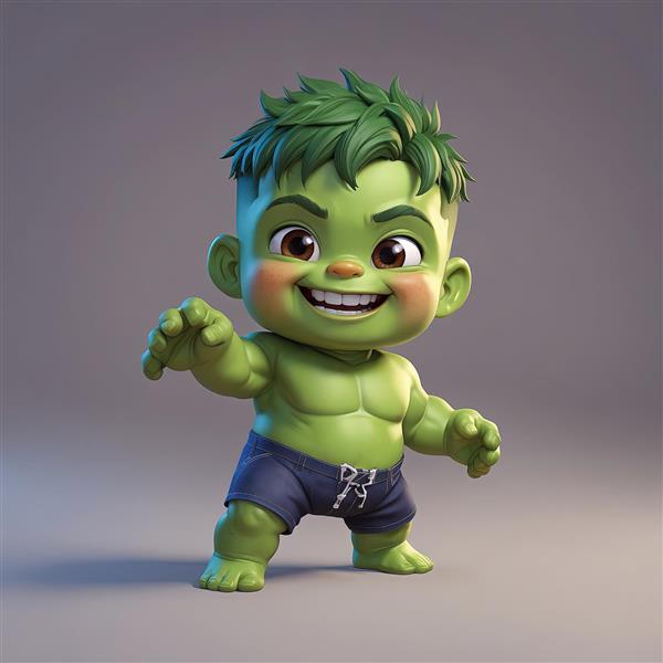 تصویر هالک کودک با شورت ورزشی مشکی و لبخند شیطنت‌آمیز