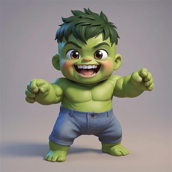 عکس سه‌بعدی هالک بامزه با شلوارک جین آبی و حالت آماده باش