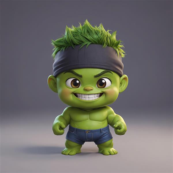 تصویر هالک کودک کیوت با هدبند مشکی و شلوارک جین (کاراکتر چابی)