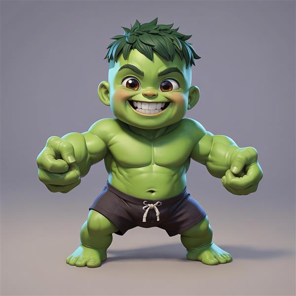 تصویر هالک بامزه سه‌بعدی با شورت مشکی و دست‌های گره کرده