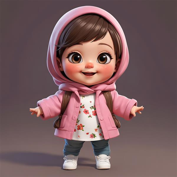تصویر سه‌بعدی کودک با کاپشن صورتی، طرح گلدار و کوله‌پشتی کوچک
