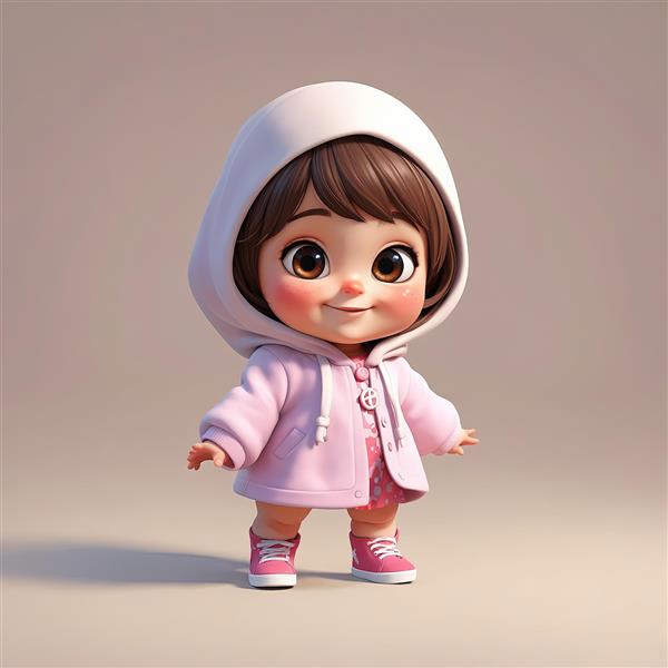 عکس باکیفیت کاراکتر دختر با هودی سفید و کاپشن صورتی در استودیو