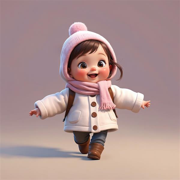 تصویر عروسک کودک با پالتوی سفید، کلاه پوم‌پوم‌دار و در حال دویدن