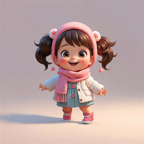 تصویر عروسک دخترانه کیوت با کلاه خرسی صورتی و شالگردن زمستانی