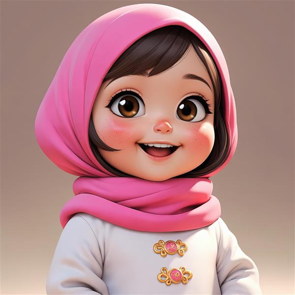 عکس عروسک دختربچه مسلمان با روسری صورتی و لباس سفید (کاراکتر سه بعدی)