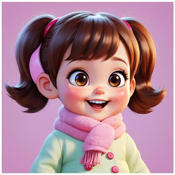 تصویر پرتره عروسک دختر بامزه با شال صورتی و مدل موی دم اسبی