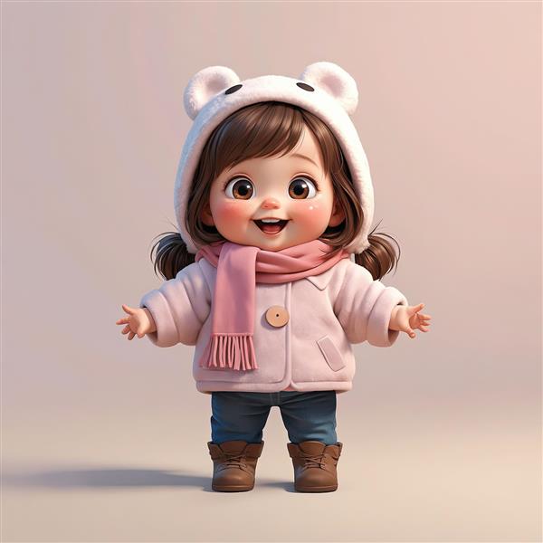 عکس عروسک دختر کیوت با کاپشن صورتی روشن و شالگردن با زمینه ساده