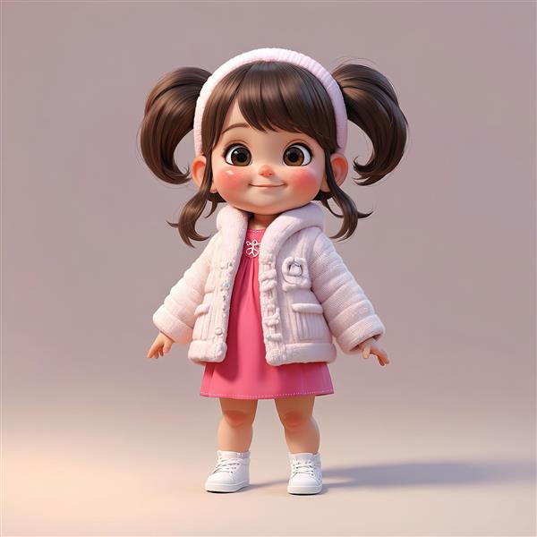 تصویر عروسک دخترانه زیبا با کت پشمی سفید و هدبند صورتی