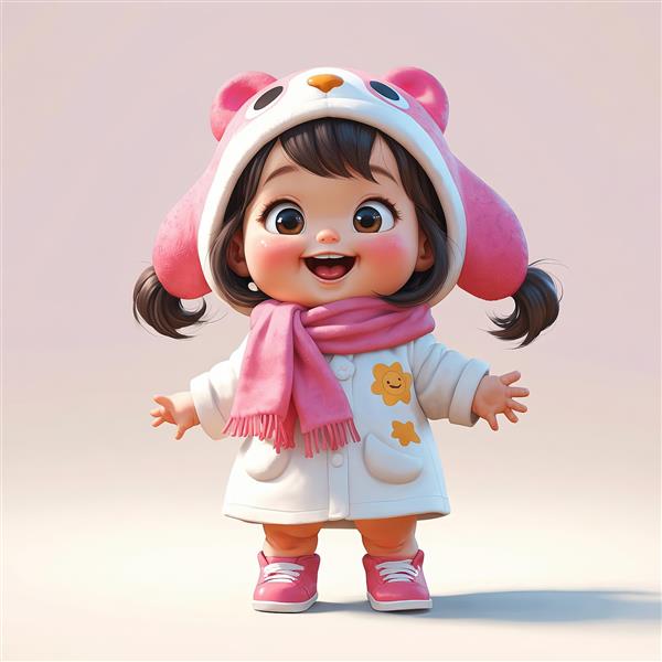 عکس کودک کارتونی در پالتوی سفید و کلاه خرسی صورتی برای چاپ دکوراتیو