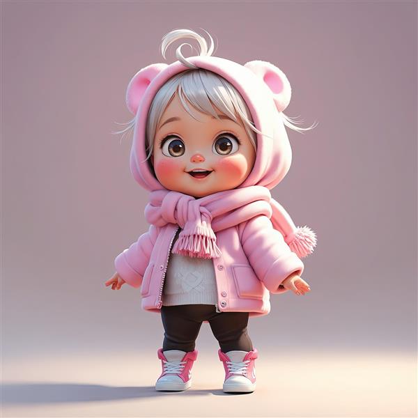 تصویر باکیفیت عروسک دختر بامزه با هودی خرسی و شال گردن صورتی