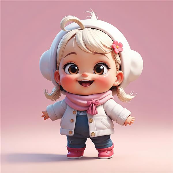 عکس استودیویی عروسک کودک با هدفون گوش گرم کن و کاپشن سفید