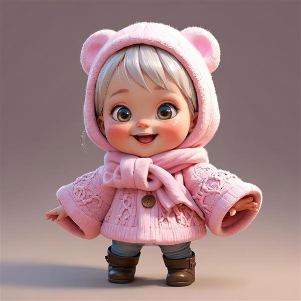 تصویر عروسک دختر بانمک با کلاه گوش‌دار خرسی و شال گردن صورتی